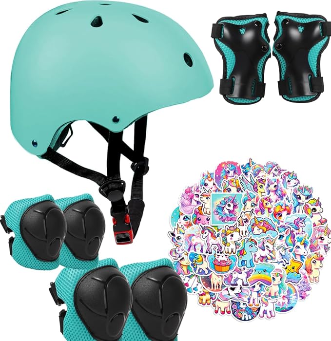 Kids Bike Helmet with Knee Elbow Wrist Pads Guards,Pink,for Ages 2-3-5-8-14,Sports Bicycle,Skate Scooter,Rollerblading with Unicorn Sticker