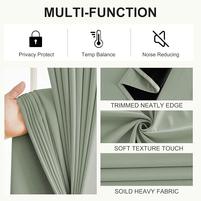 NICETOWN 100% Blackout Curtains 96 Inch Length for Bedroom, Total Blackout Thermal Insulated Grommet Window Drapes for Living Room, 2 Panels, Sage Green, 52 x 96 Inch