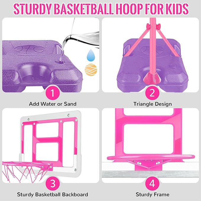 Kids Basketball Hoop with Stand, Adjustable Basketball Set, Toddler Basketball Toys for Boys Age 3 4 5 6 7 8, Indoor Outdoor Backyard Sport Game Gifts Pink