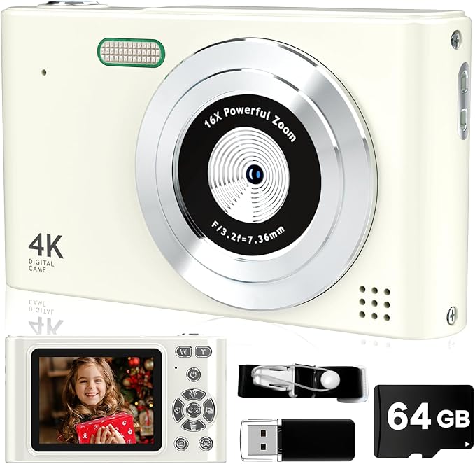 Digital Camera, 44MP Full HD 1080P Point and Shoot Camera with 64GB Card, Anti Shake 16X Zoom Compact Volg Cameras, Portable Small Camara Gift for Kids, Ages Teen Girl Boy - White