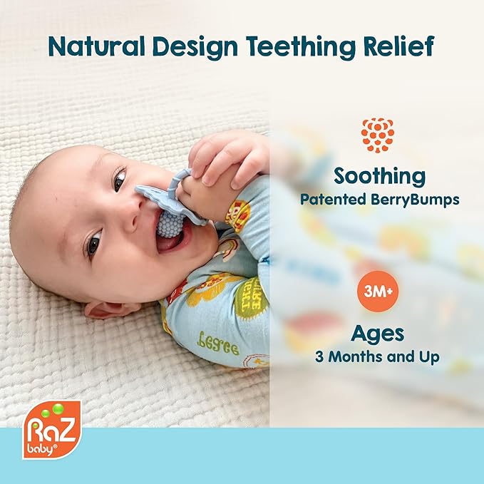 RaZbaby Soft Silicone Infant & Baby 3M+ Teether Toy Berrybumps Textured Teething Relief Pacifier - Soothes Sore Gums - Hands-Free & Easy-to-Hold Fruit-Shaped RaZberry Design, BPA Free – Blue