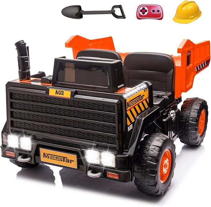 24V Ride On Dump Truck, 24inch-2 Seater Ride On Car for Kids w/Remote Control 4WD/2WD Up to 5 Mph, 24v Ride on Toys for Big Kids w/Electric Dump Bed Extra Shovel Traffic Cones (Orange)