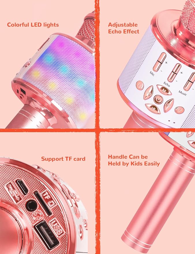 Amazmic Karaoke Microphone for Adults, Wireless Bluetooth Microphone for Singing Portable Karaoke Machine Handheld with LED Lights, Gift for Kids Adults Birthday Party, Home KTV(Rose Gold)