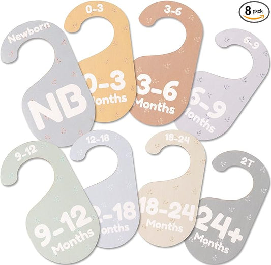 Baby Closet Dividers for Clothes Organizer - Set of 8 Adorable Wooden Double-Sided Baby Clothes Size Hanger Organizer from Newborn to 24+ Months for Nursery Beautiful Minimalist Decor