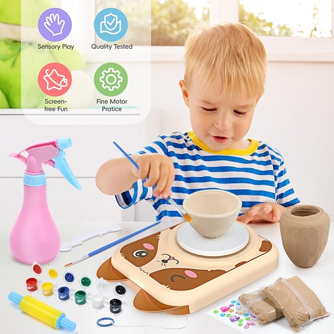 Skirfy Pottery Wheel for Kids Clay Sculpting Tools & Painting Kit,DIY Kits Clay Maker for Beginners with 6 Packs Clays,Birthday Gift Toys for Boys,Art&Crafts Kits for Ages 6-8 8-12