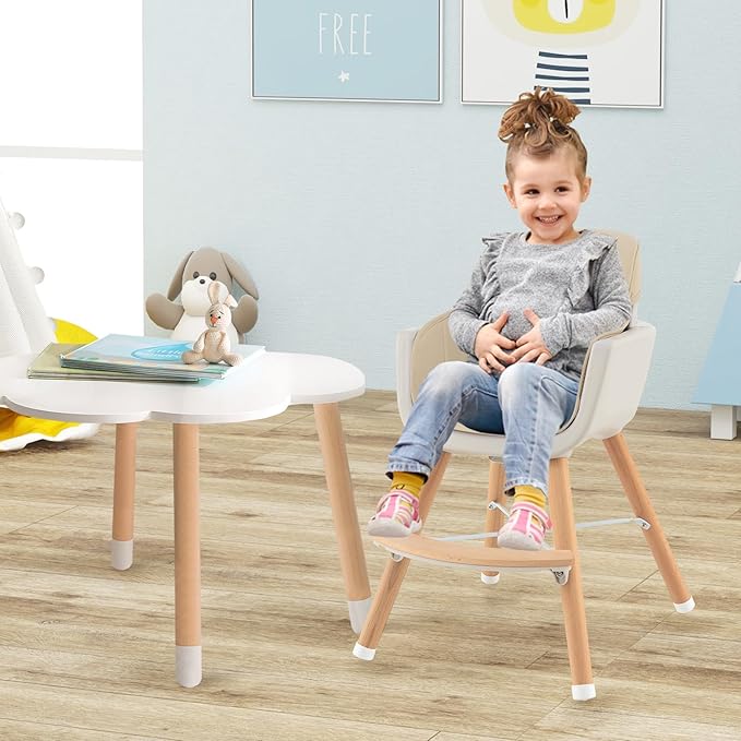BABY JOY Convertible Baby High Chair, 3 in 1 Wooden Highchair/Booster/Chair with Removable Tray, Adjustable Legs, 5-Point Harness, PU Cushion and Footrest for Baby, Infants, Toddlers (Beige)