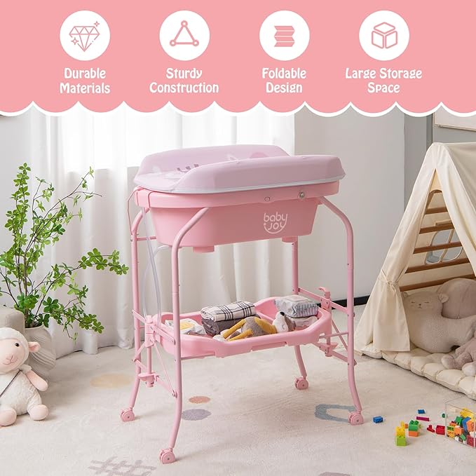 BABY JOY Baby Bathtub with Changing Table, Foldable Infant Diaper Changing Station with Storage Tray, Waterproof Pad, Portable Newborn Nursery Organizer Bath Stand with 4 Universal Wheels (Pink)