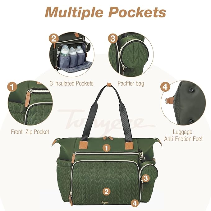Diaper Bag Tote, Large Baby Diaper Bags Waterproof, Hospital Bag for Labor Delivery with Pacifier Case, Changing Pad, Shoulder Strap, Dark Green