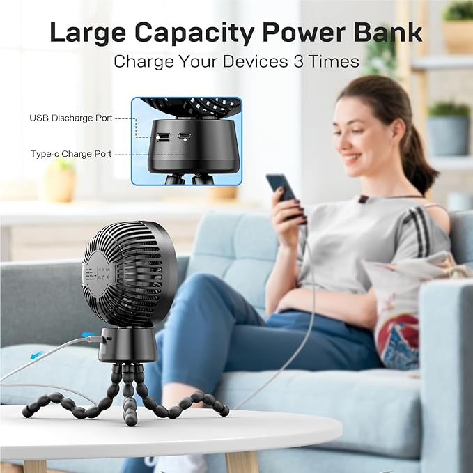 20000mAh Portable Stroller Fan, 120° Auto Oscillation, 3-IN-1 with Power Bank LED Light Detachable Flexible Tripod Rechargeable Battery Powered Clip On Fans Desk for Baby Crib Car Seat Travel