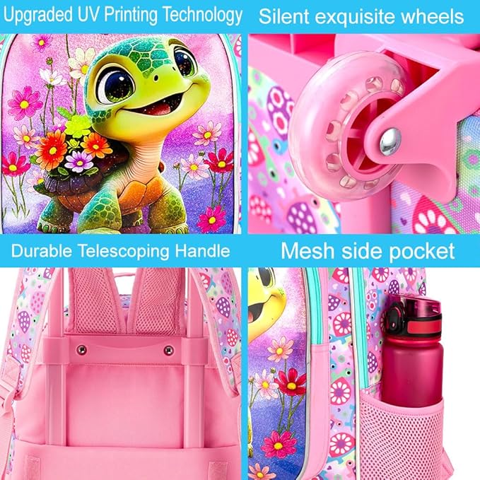 Girls Rolling Backpack, Cute Turtle Roller Wheels Kids Bookbag - Wheeled Elementary School Bag - 3PCS Turtle