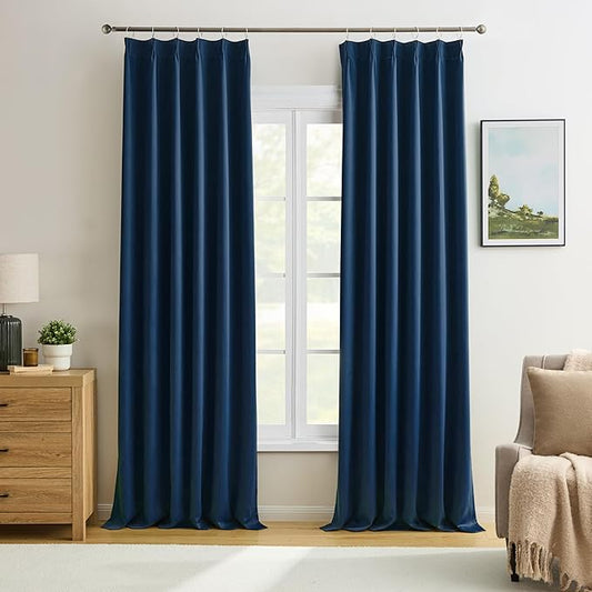 KEQIAOSUOCAI Navy Blue Curtains 102 Inches Long 2 Panels Set, Pinch Pleated Thermal Insulated Blackout Room Darkening Curtain for Living Room,Window Draperies with Hooks(Navy Dark Blue,40x102-inch)