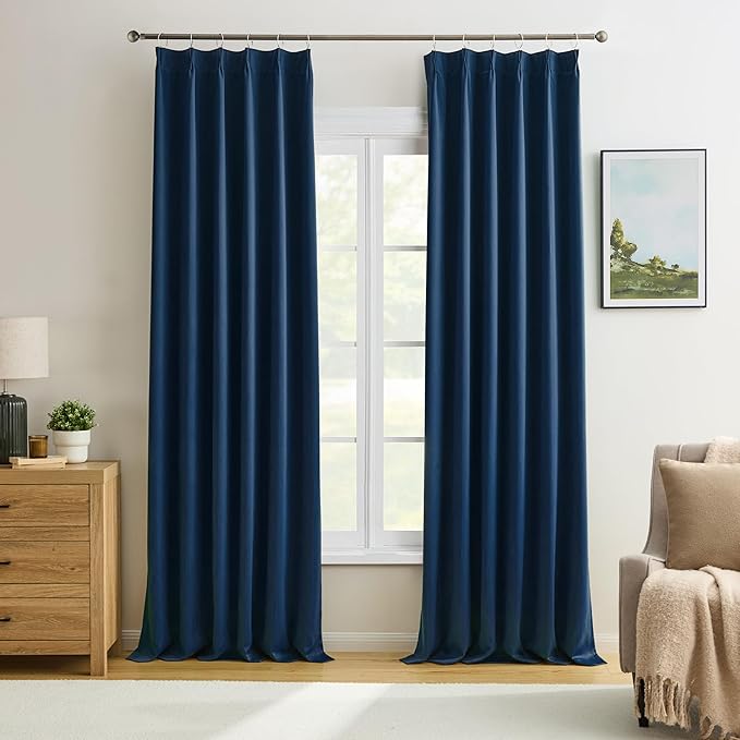 KEQIAOSUOCAI Pinch Pleated Curtains 108 Inches Long 2 Panels Set, Thermal Insulated Blackout Room Darkening Curtain for Bedroom,Window Draperies with Hooks(Navy Blue,40x108-inch)