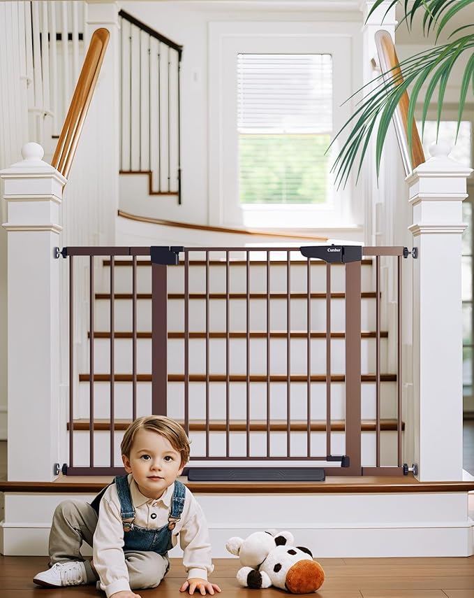 Cumbor 29.7-48" Baby Gate for Stairs, Mom's Choice Awards Winner-Dog Gate for Doorways, Auto Close Safety Pet Gate for Dogs Indoor, Easy Install Pressure Mounted Child Gate with Walk Thru Door, Brown