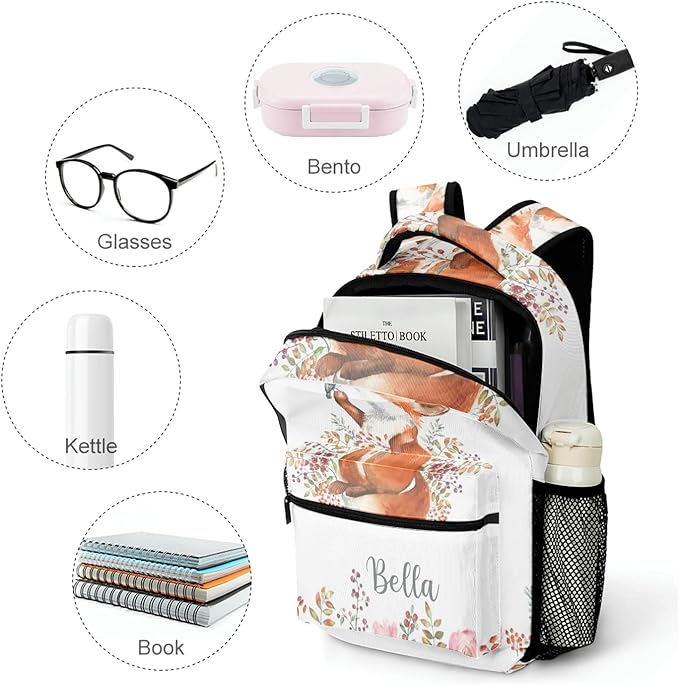 Cute Fox Little Bird Custom Kids Backpack 16.5 Inch for Boy Girl, Personalized Waterproof Child School Travel Bag with Name Option5