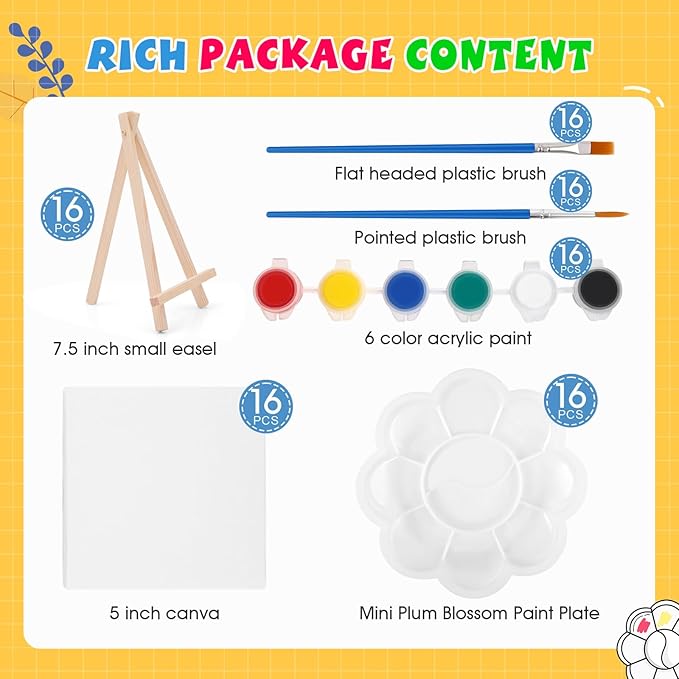 ESRICH 16 Set Mini Acrylic Paint Kit,5in Mini Stretched Canvas with 7.5in Easel,Acrylic Paint Strips,Paint Palettes,Painting Brushes, Small Canvas and Easel Set for Kids Artists Beginner,Gift