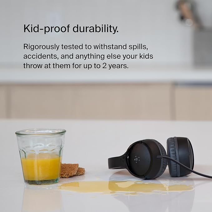 Belkin SoundForm Mini Kids Wired Headphones with Built-in Microphone & Fun Stickers, 85dB Safe Volume Limit – for Online Learning, Travel, Compatible w/iPhone 15, iPad, Galaxy S23, & More - Black
