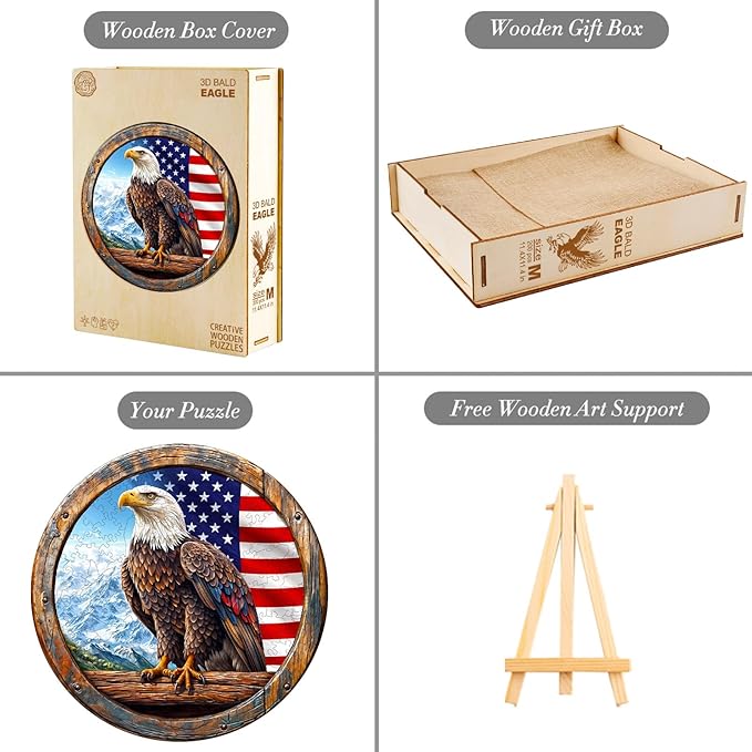 KAAYEE Wooden Puzzles for Adults, 3D Vision Effect Bald Eagle Wooden Jigsaw Puzzle Unique Shape Wood Puzzle Adult, Flat Puzzle Birthday Fathers Family Game (S-8.5 * 8.5in-100pcs)