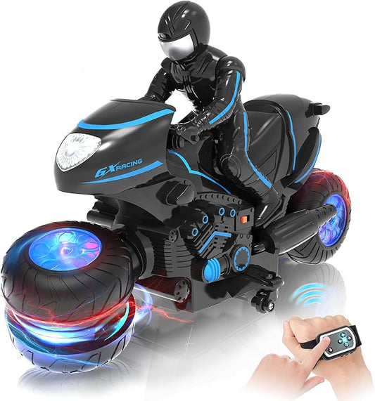 Eulogia Remote Control Motorcycle Toys New Upgraded RGB Wheels Lights, RC Motorbike with 2-in-1 Remote, Gesture Sensing Stunts Dirt Bike, 360° Rotating High Speed Motocross Car for Boys Girls Gift