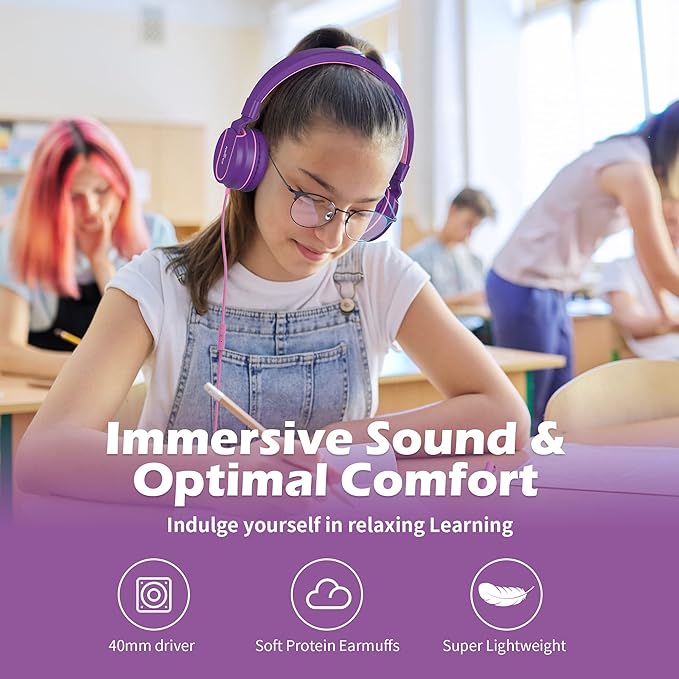 Kids Headphones, AILIHEN I35 On-Ear Headphones for School, Safe Volume 93dB, HD Mic Stereo Headphone for Kid Girls Children, Foldable Wired 3.5mm for Chromebook, Laptop, Computer, Tablet (Pink Purple)