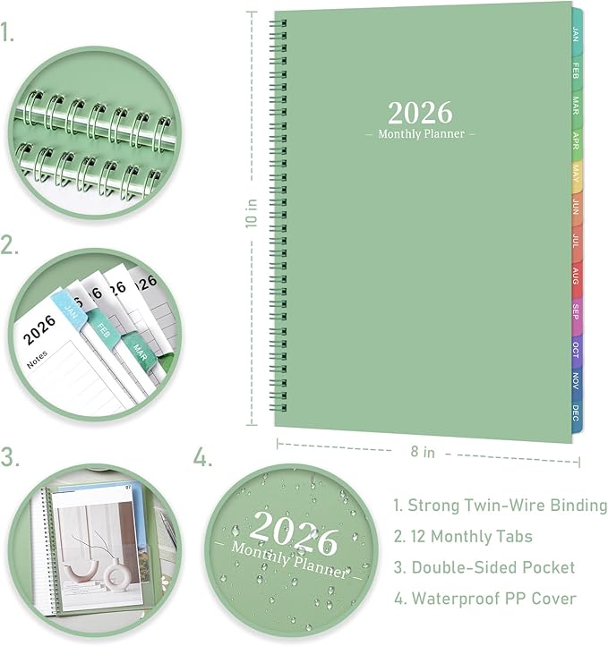 2026 Monthly Planner/Calendar - 2026 Planner, JAN 2026- DEC 2026, Planners with Colorful Tabs, Monthly Planners 2026 for Daily Organizing - Waterproof Cover (8" x10", Note Pages, Green)