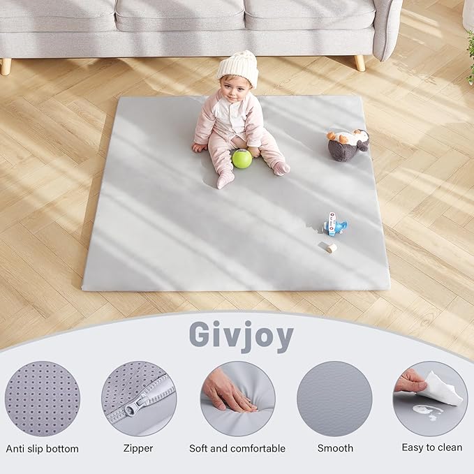 Baby Play Mat 48"x48" – Thick, Non-Slip Foam Mat for Babies and Toddlers. Foldable, Scrubbable, Odorless, and Soft, Ideal for Playpens, Crawling, and Indoor Playtime-Grey