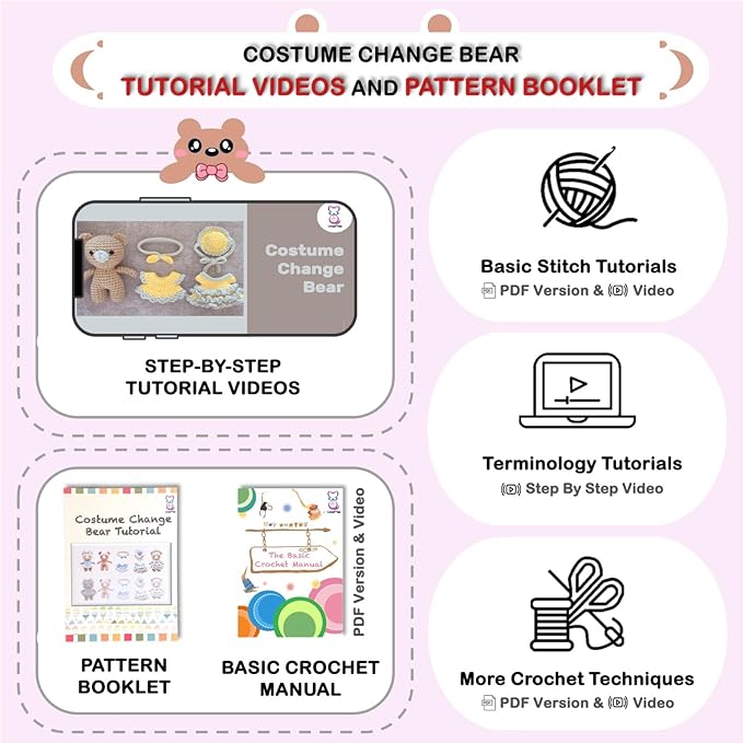 LoopMap Crochet Kit for Beginners - DIY Amigurumi Bear with Removable Dress & Accessories, Step-by-Step Video Tutorials, Extra Yarn, Crochet Tools, Handmade Gift for Kids & Adults(Bear-Pink)