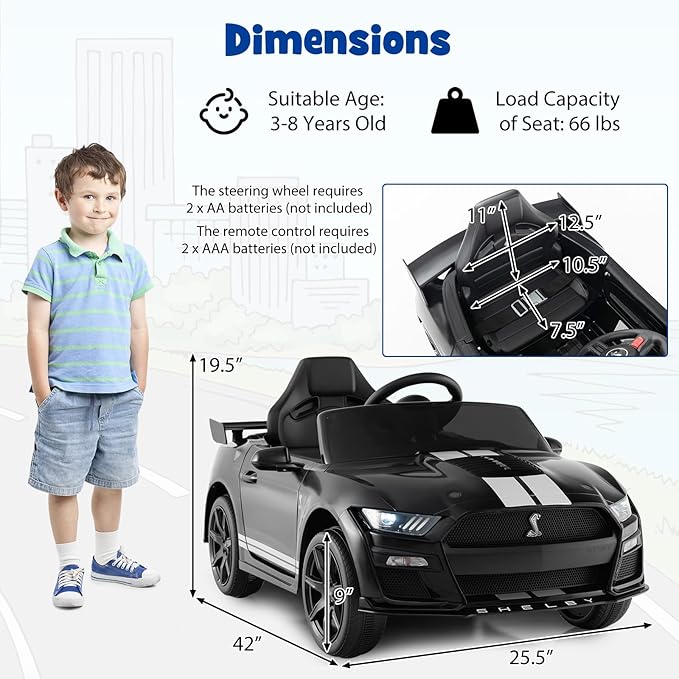 Costzon Ride on Car, 12V Licensed Ford Mustang Shelby GT500 Kids' Electric Vehicles w/Remote Control, USB Port, Radio, Music, Player, High Low Speed & Soft Start, Racing Kids Car for Toddler (Black)