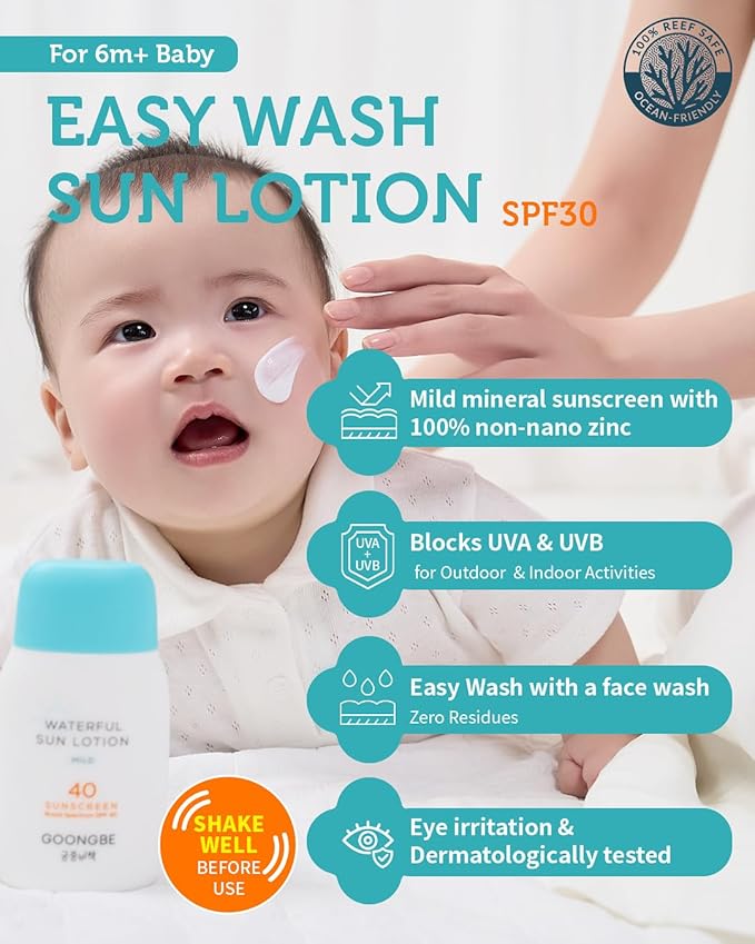 Baby Kids Easy Wash Sun Lotion SPF 30 & Mild Soothing Gel - Zinc Oxide Mineral Sunscreen & After Sun Relief - Korean Skincare for Sensitive Skin - Vegan Hypoallergenic, 2.11oz & 5.07oz