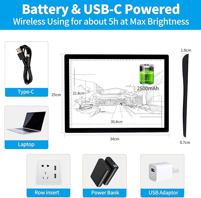 A4 Rechargeable Light Pad with Carry Bag, KOBAIBAN Wireless Magnetic Tracing Light Box, 5-Level Brightness LED Light Tablet Board, Cordless Battery Powered Light Drawing Table for DIY Diamond Painting