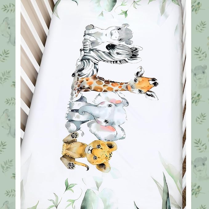 3 Pcs Baby Crib Bedding Set Safari Animals Dinosaurs Bear Woodland Animals Jungle Crib Set Includes Quilt, Fitted Sheet, Skirt for Baby Boy Girl(Light Blue,Safari)