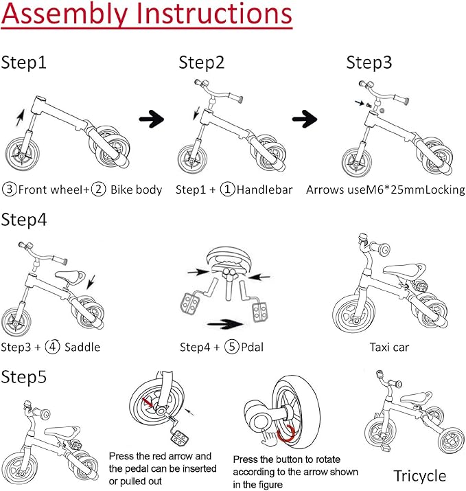 Ancaixin 3 in 1 Toddler Tricycles for 2-5 Years Old Boys and Girls with Detachable Pedal and Bell | Foldable Baby Balance Bike Riding Toys for Kids | Infant Birthday New Year Red