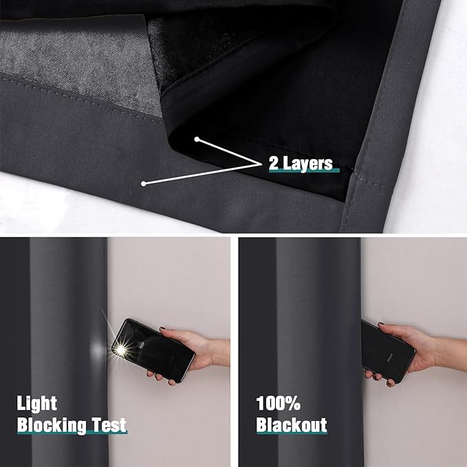 ChrisDowa 100% Blackout Curtains for Bedroom with Black Liner, 2 Thick Layers Total Blackout Thermal Insulated Grommet Small Window Curtains 54 Inch Long 2 Panels Set (Dark Grey, 52 x 54 Inch)