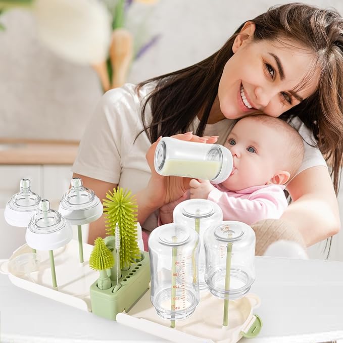 Portable Baby Bottle Brush Set - 7 in 1 Baby Bottle Cleaner Kit, Baby Travel Essential Bottle Washing Kit with Silicone Bottle Brush, Nipple Brush, Straw Brush, Drying Rack for Home and Travel (Green)