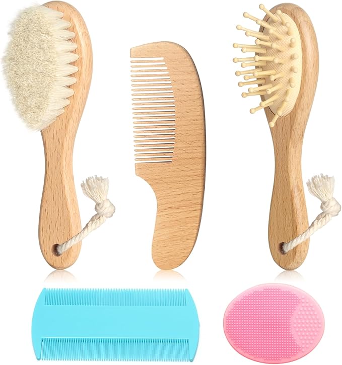 Goat Baby Hair Brush Set, Wooden Comb Massage Scalp Comb, Safe Natural Hair Care Kit, Soft Silicone Bath Brush for Newborns Toddlers (Brush Set+ Pink Massager)