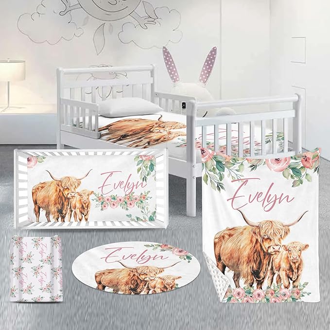 Custom Nursery Crib Bedding Set: Personalized Name 4 Piece Floral Highland Cow Design Baby Crib Sets for Girls - Toddler Double Layer Blanket Set, Comfortable Crib Bed Sheets for Baby Toddlers