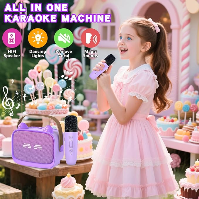 Mgaolo Upgraded Mini Karaoke Machine Toy for Kids, Portable Bluetooth Speaker with 2 Wireless Mics, Emoji & Colorful LED Lights, Home Travel & Party Play Gifts for Boys Girls (Purple)