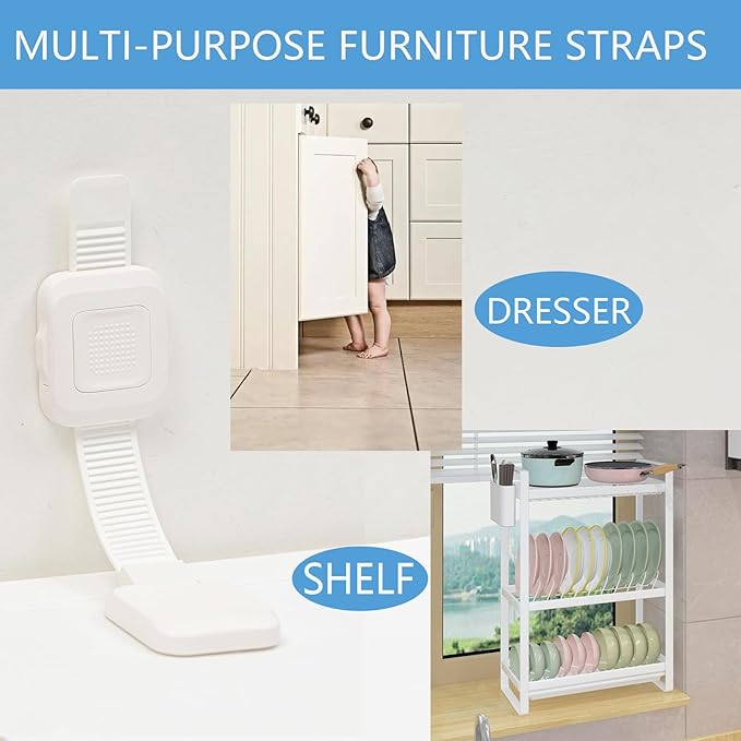 YEYA Upgraded No Drill Furniture Anchors for Baby Proofing, Anti-Tip Adjustable Straps, 4 Pack