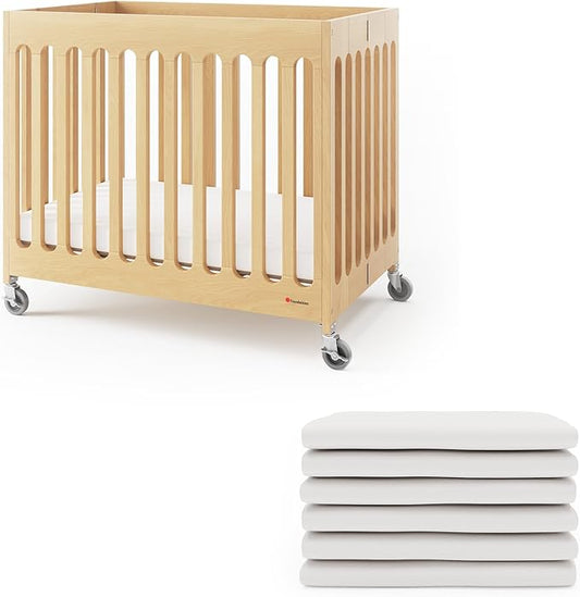 Foundations Boutique Folding Hotel Crib and Sheet Bundle - Includes Wooden Mini Crib with 3" Foam Mattress (Natural) and 6-Pack White Fitted Compact Sheets