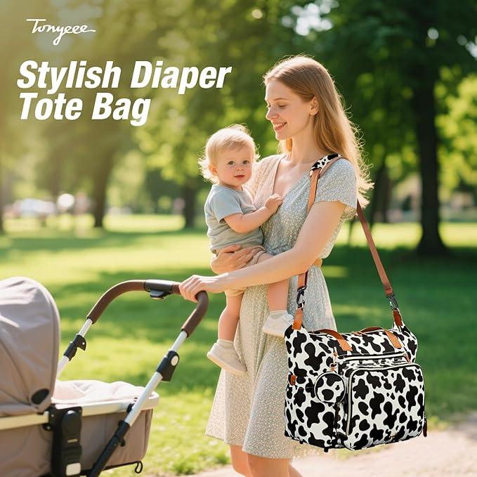 Diaper Bag Tote, Large Baby Diaper Bags for Travel, Hospital Bag for Labor Delivery with Pacifier Case, Changing Pad, Shoulder Strap, Cow Print