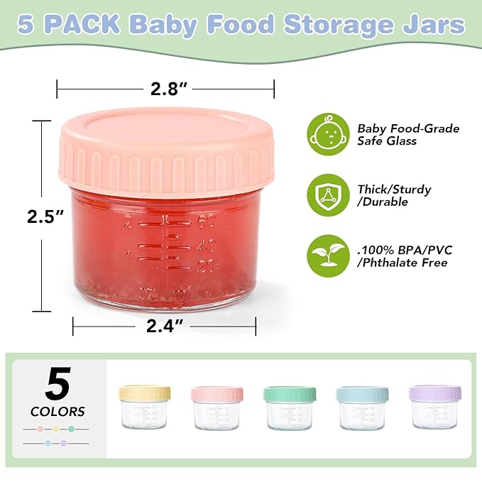 5 Pack Glass Baby Food Storage Containers, 4 oz Leakproof Baby Food Jars with Lids, Small Glass Food Containers for Infant Baby, Freezer & Microwave Safe, BPA Free