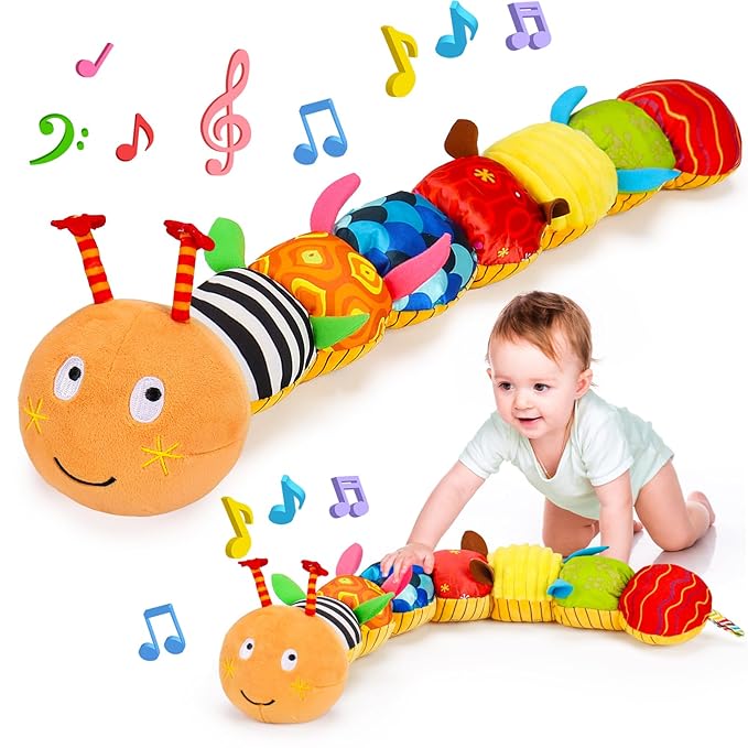 Baby Sensory Caterpillar Toys 0-3 Month Music Animal Stuffed Plush Toy for Infant 0-3-6-12 Month Tummy Time with Crinkle Rattle for Newborn 9-12 Month Texture Toy for Boy Girl Birthday Shower 1