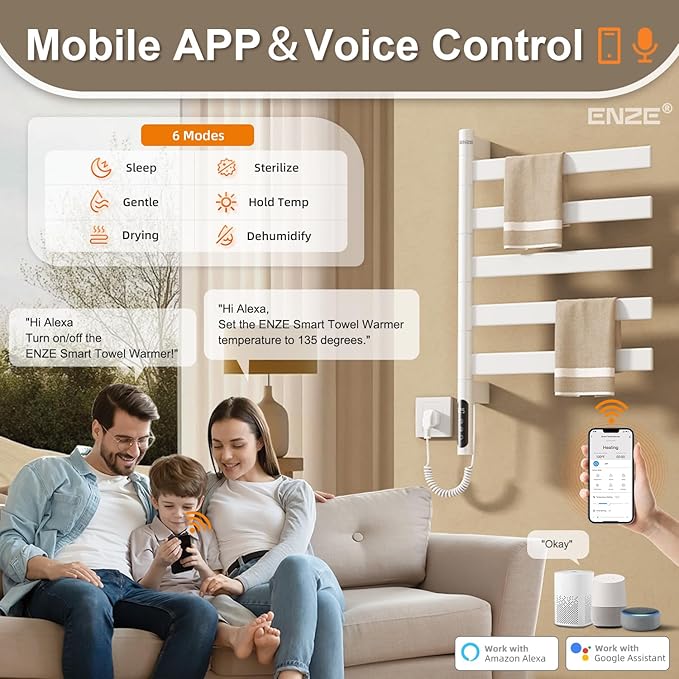 ENZE Smart Rotating Heated Towel Rack for Bathroom, Wall-Mounted Electric Towel Dryer with Swivel Bars, Smart Timer, Low Carbon Steel, IPX5, Plug-in/Hardwired, Towel Warmer with Wi-Fi App Control