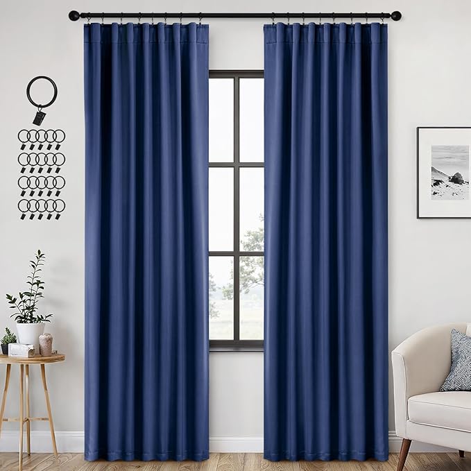 ANRODUO Back Tab Blackout Curtains for Bedroom Living Room, Rod Pocket Pinch Pleated Thermal Insulated Room Darkening Curtains 90 Inches Long 2 Panels, Navy Blue, 42 x 90 Inch