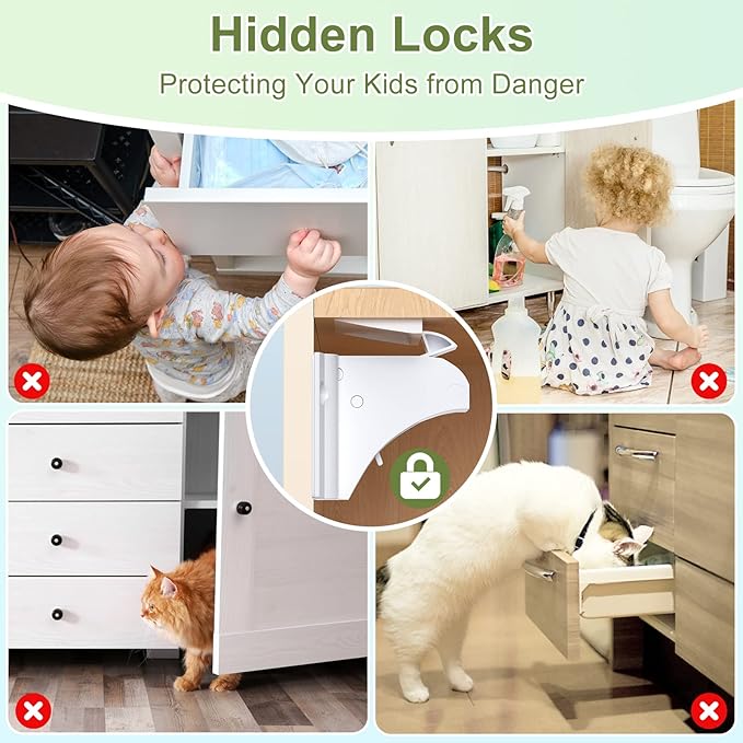 Child Safety Magnetic Cabinet Locks, AOSITE 12 Pack+3 Keys Baby Proofing Magnetic Drawer Locks for Kitchen with Adhesive No Drilling or Screws Fixed, 4 Baby Safety Cabinet Locks for Knobs