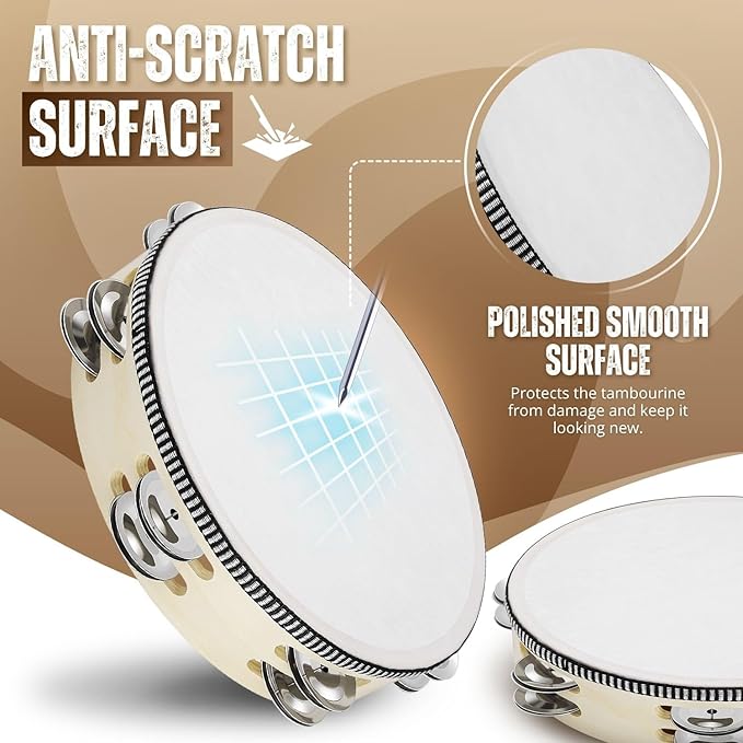 Flexzion Wood Handheld Tambourine for Adults 8-Inch Double Row 8-Pair Jingles (Wood) - Percussion Round Tamborines Musical Instrument with Metal Zills