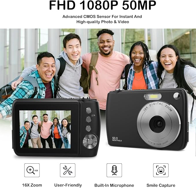 Digital Camera, Kids Cameras for 50MP FHD 1080P, Digital Point and Shoot Camera with 16X Zoom Anti Shake, Compact Small Cameras Gift for Boys Girls Kids, Black