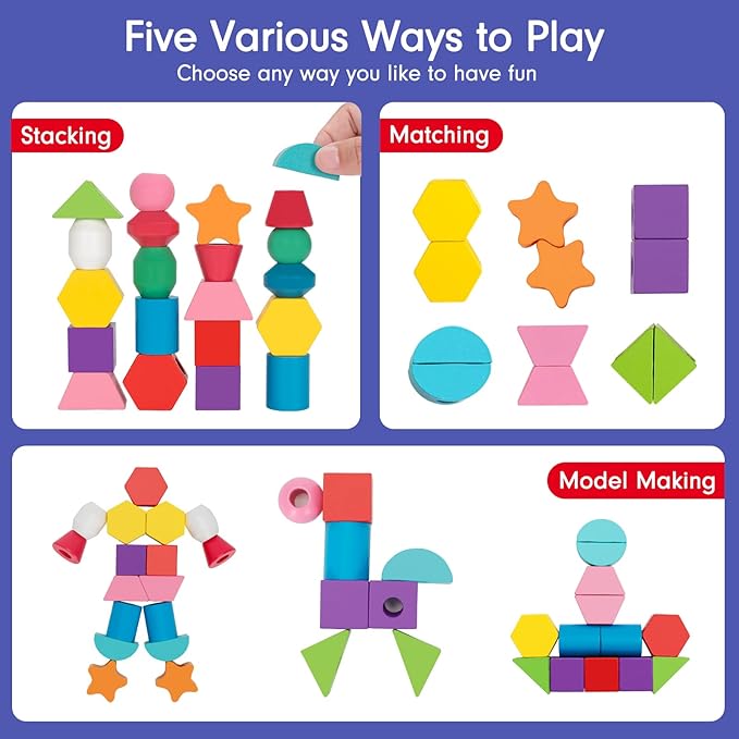 Montessori Wooden Lacing Beads Toys for 2 3 4 Year Old Toddler Kids, Sequencing & Stacking Block Toy with Storage Box, STEM Preschool Learning Toys, Christmas Birthday Gifts for Boys Girls