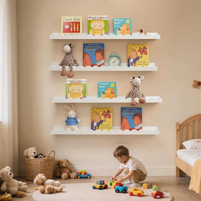 Nursery Book Shelves, Scalloped Floating Shelves Set of 2 Solid Pine Wood Wall Mounted Bookshelf with Wave Lip for Bedroom Kids, Toddler Room, Baby Room White 36inch