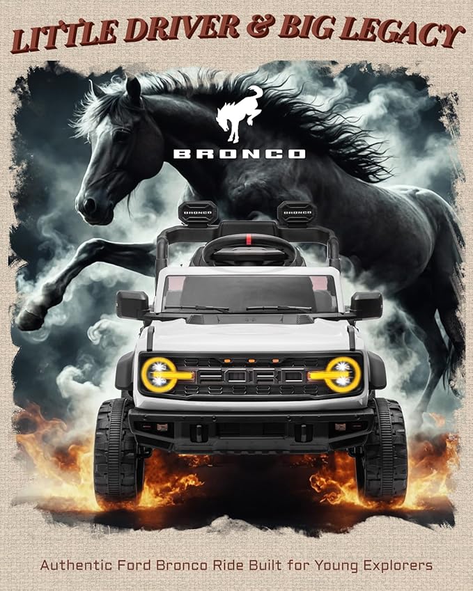 Ford Bronco Raptor 12V Toddler Ride on Toys, Safe Kids Ride on Truck with Remote Control, Children Electric Cars with 4 Wheels Suspension, Radio, Music, Bluetooth (12V, White)