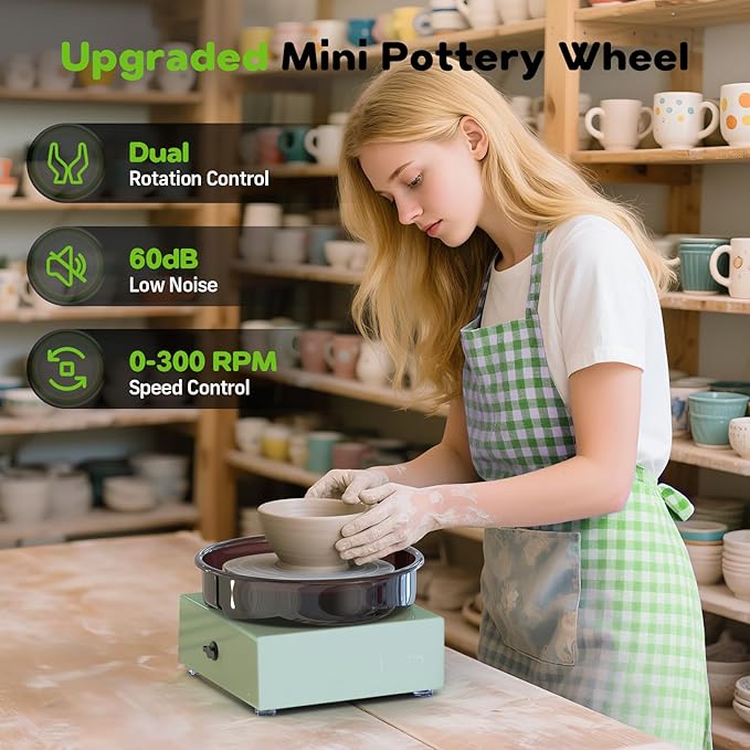 Alldeer Mini Pottery Wheel Kit - 6" Turntable Two-Way Rotation Clay Wheel, Metal Frame, Removable Splash Tray Ceramic Making Kit with 18PCS Sculpting Tools, Pottery DIY Machine for Kids and Beginners